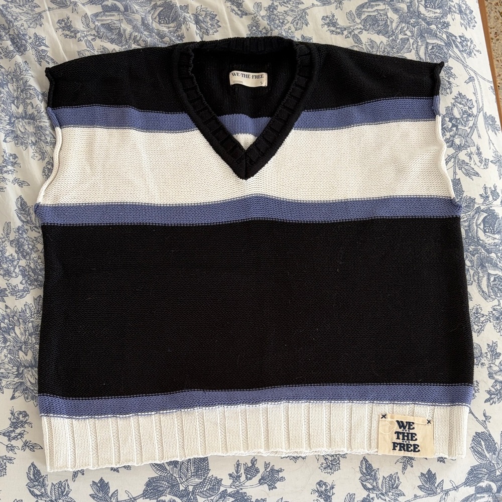 Free People V-Neck Sweater in Black, White, and Blue